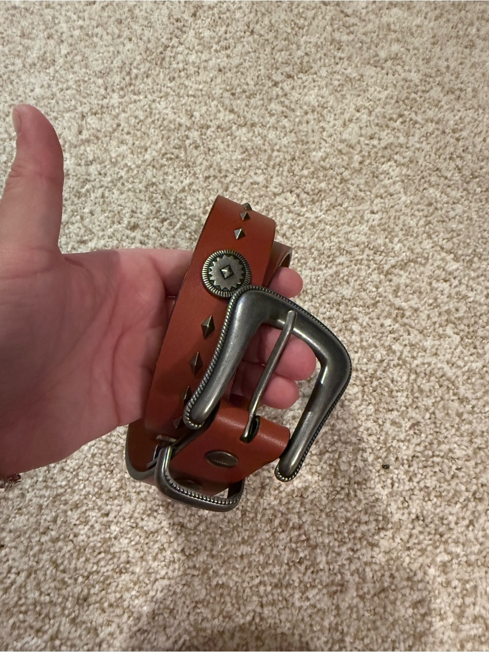 Wrangler Tan Leather Studded Belt with Antiqued Silver Buckle